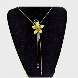 Gold Tone Lariat Bolo Style Slide Ad Necklace With Mesh Rose Pendant Vintage